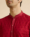 alt message - Manyavar Men Red Medallion Patterned Kurta Set with Rhinestones image number 1