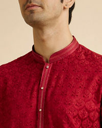 Manyavar Men Red Medallion Patterned Kurta Set with Rhinestones