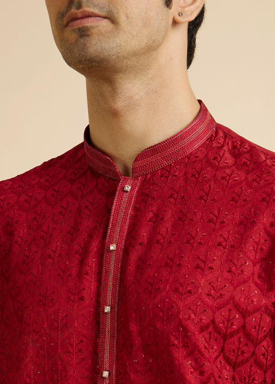 Manyavar Men Red Medallion Patterned Kurta Set with Rhinestones