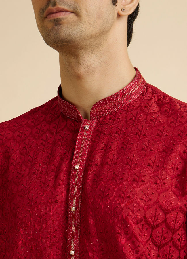 alt message - Manyavar Men Red Medallion Patterned Kurta Set with Rhinestones image number 1