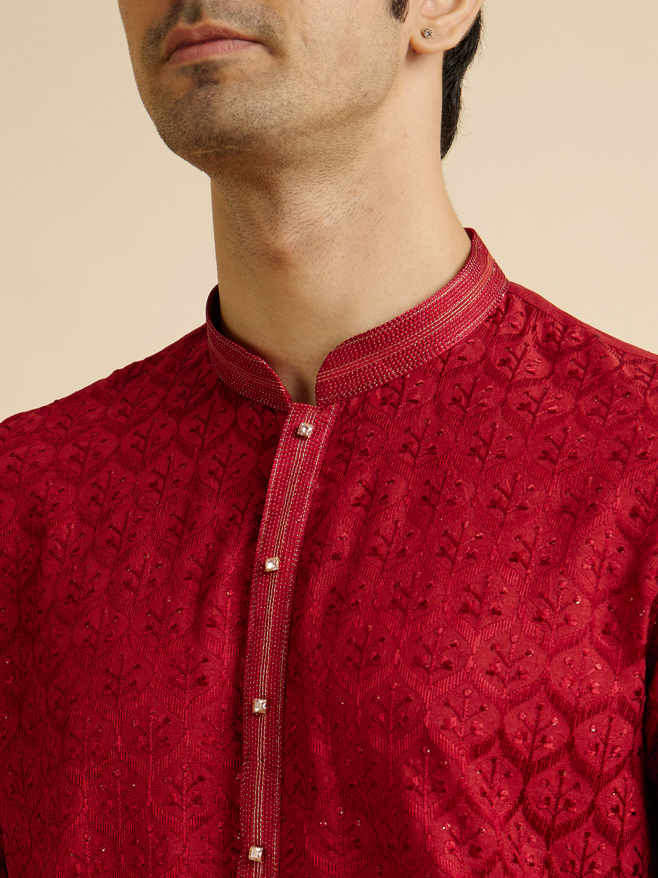 Manyavar Men Red Medallion Patterned Kurta Set with Rhinestones