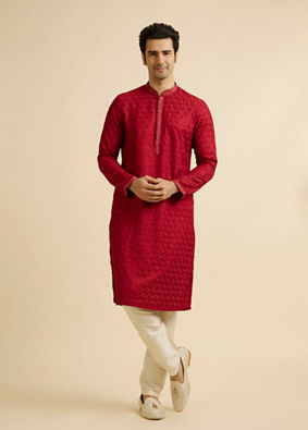 alt message - Manyavar Men Red Medallion Patterned Kurta Set with Rhinestones image number 2