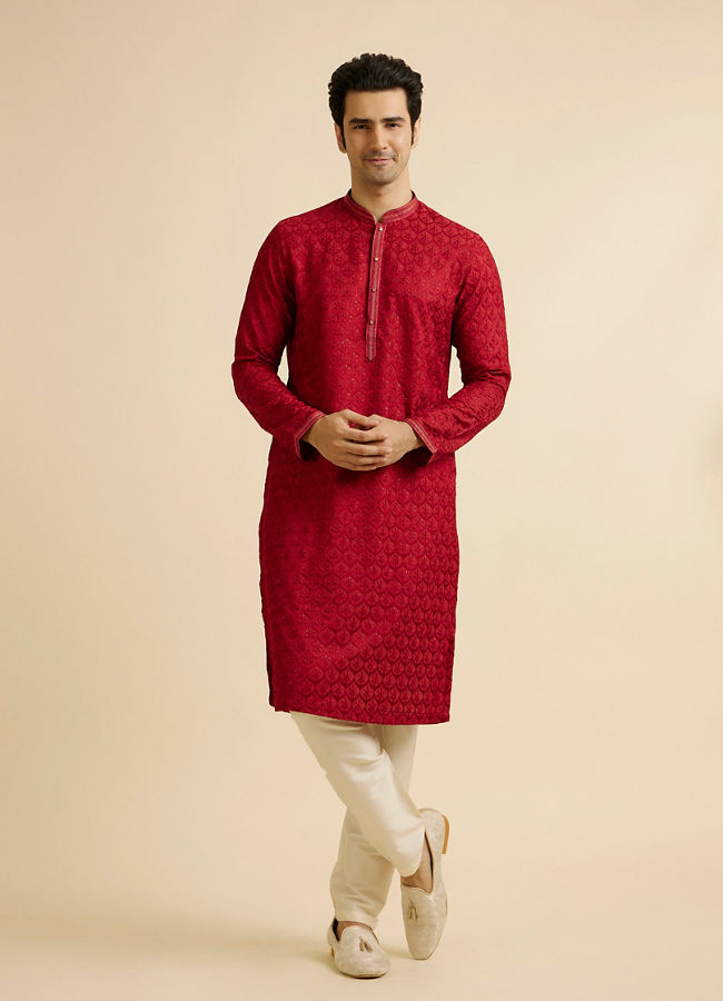 Manyavar Men Red Medallion Patterned Kurta Set with Rhinestones
