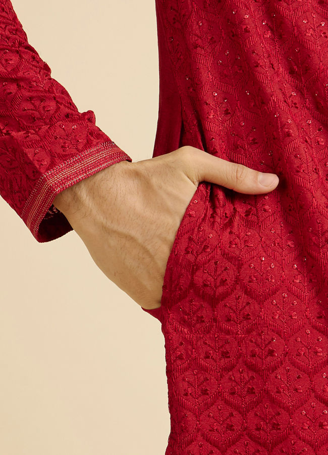 Manyavar Men Red Medallion Patterned Kurta Set with Rhinestones