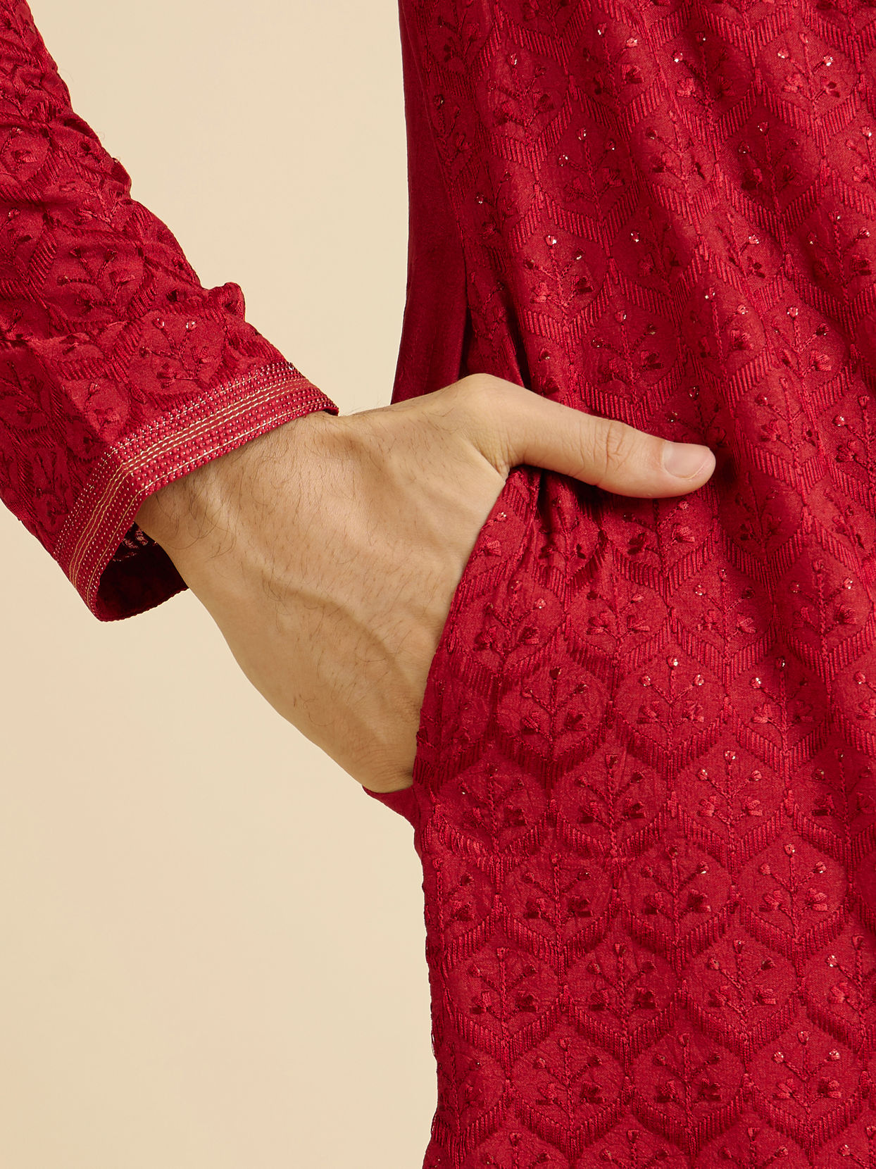 Manyavar Men Red Medallion Patterned Kurta Set with Rhinestones