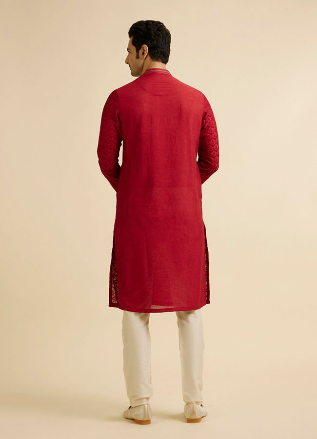 Manyavar Men Red Medallion Patterned Kurta Set with Rhinestones
