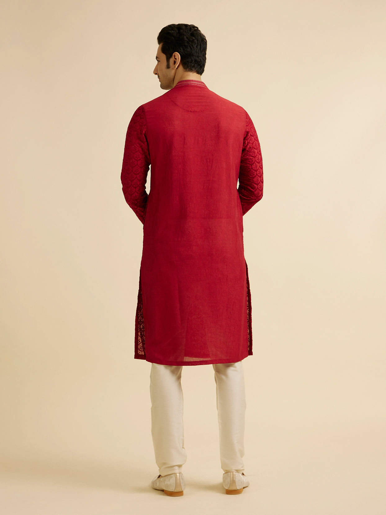 Manyavar Men Red Medallion Patterned Kurta Set with Rhinestones