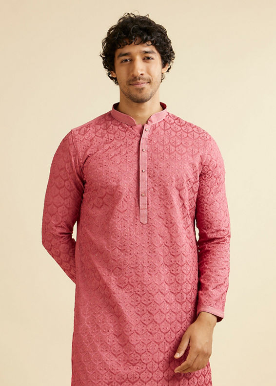 Manyavar Men Coral Red Jaal Patterned Kurta Set with Rhinestones
