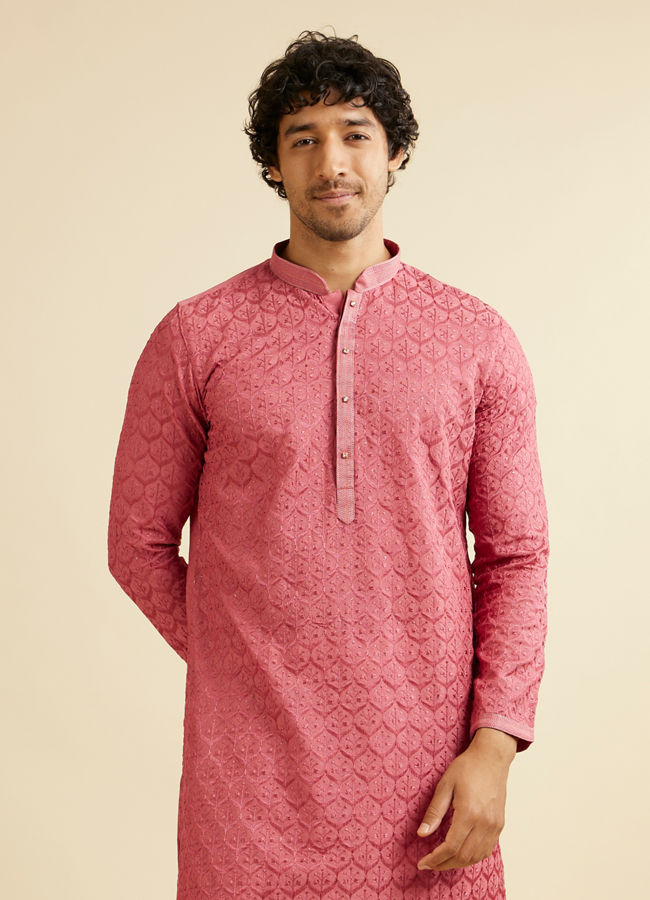 alt message - Manyavar Men Coral Red Jaal Patterned Kurta Set with Rhinestones image number 0