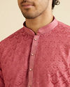 alt message - Manyavar Men Coral Red Jaal Patterned Kurta Set with Rhinestones image number 1