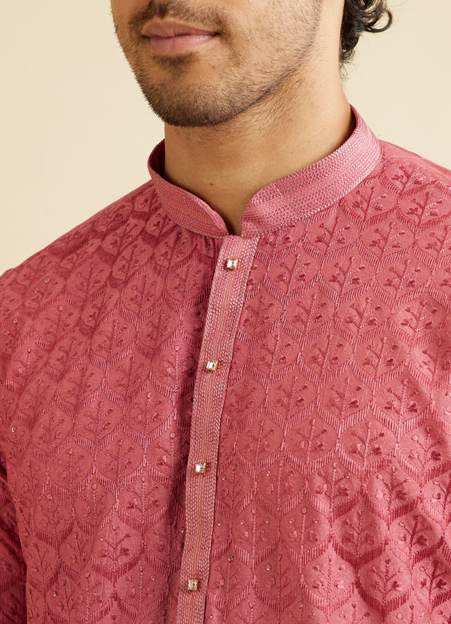 alt message - Manyavar Men Coral Red Jaal Patterned Kurta Set with Rhinestones image number 1