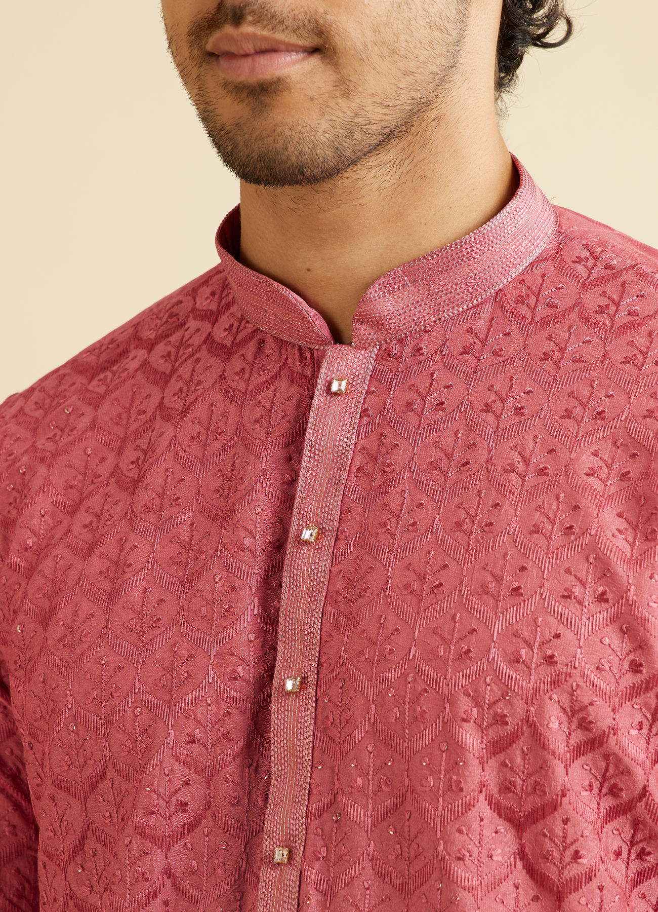 Manyavar Men Coral Red Jaal Patterned Kurta Set with Rhinestones