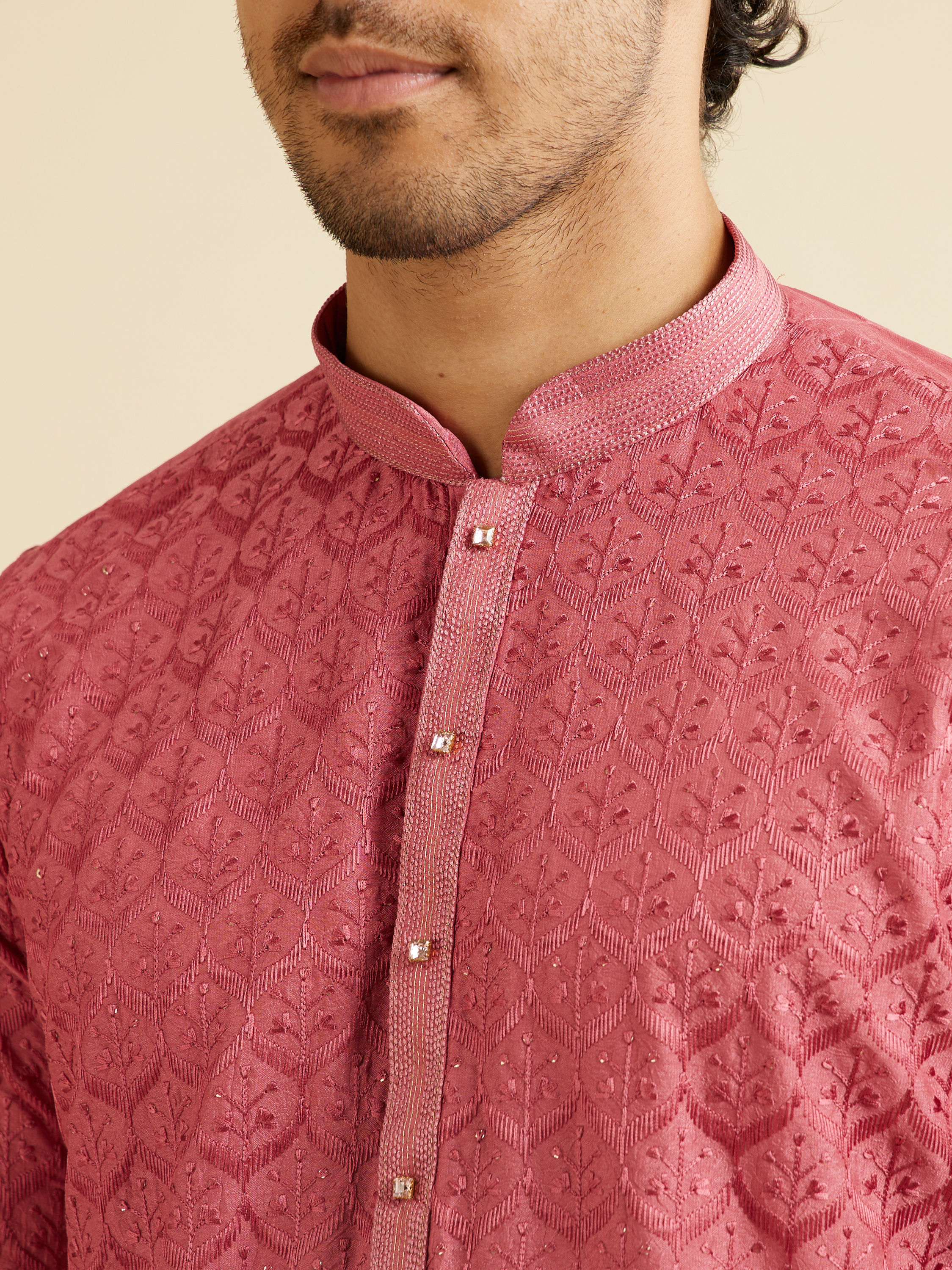 Manyavar Men Coral Red Jaal Patterned Kurta Set with Rhinestones