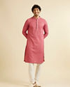Manyavar Men Coral Red Jaal Patterned Kurta Set with Rhinestones