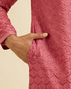 Manyavar Men Coral Red Jaal Patterned Kurta Set with Rhinestones