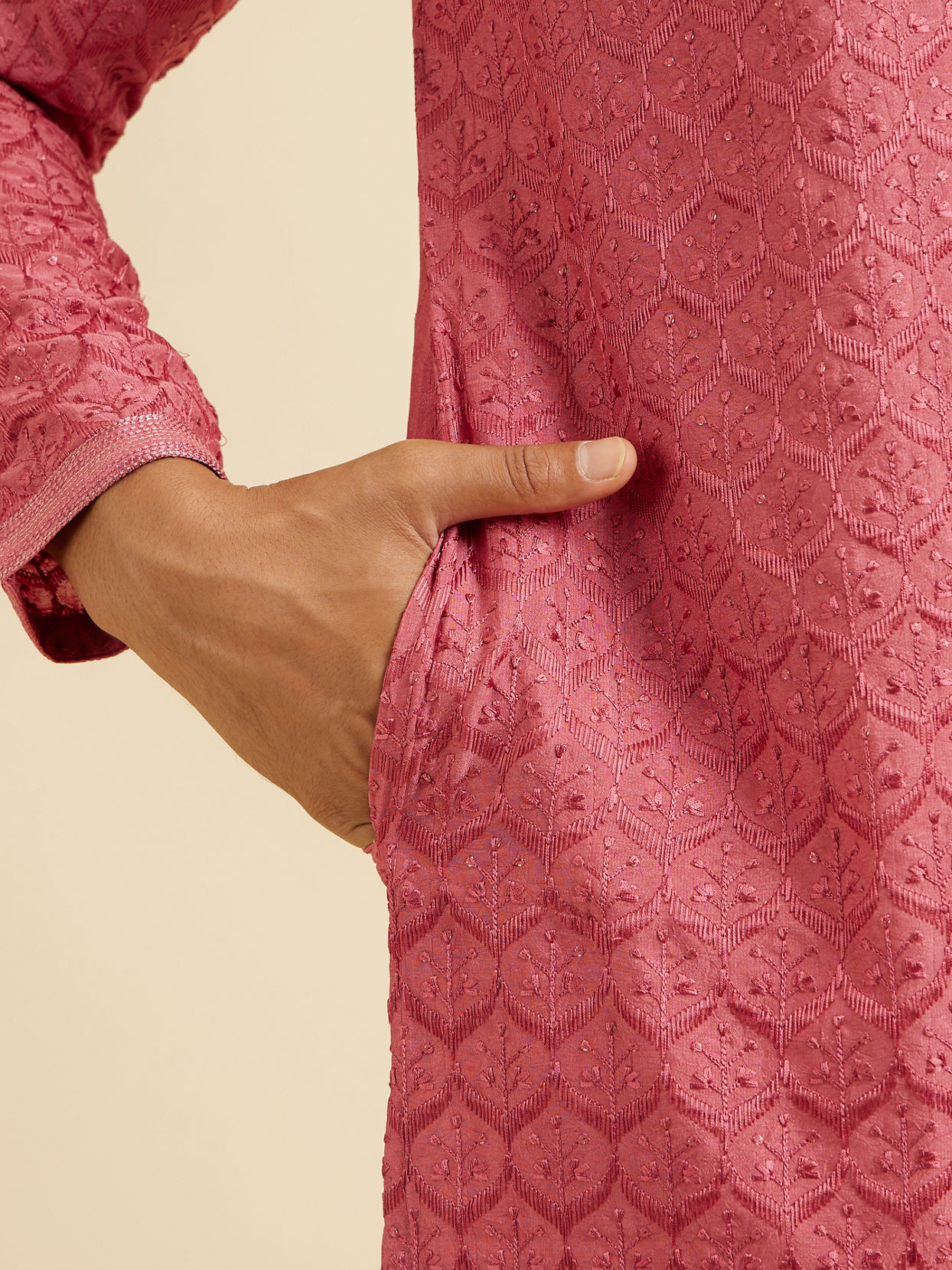 Manyavar Men Coral Red Jaal Patterned Kurta Set with Rhinestones