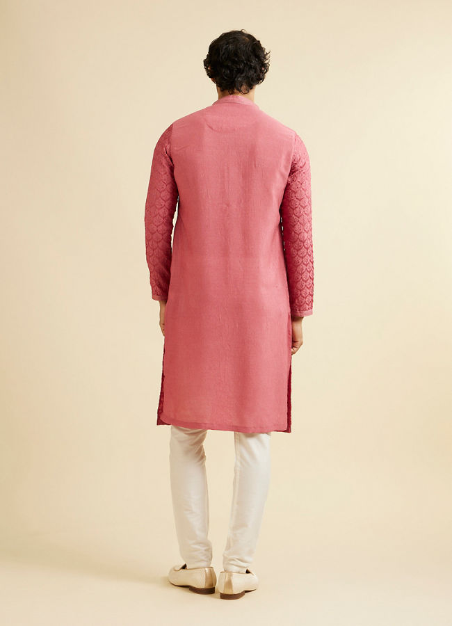 Manyavar Men Coral Red Jaal Patterned Kurta Set with Rhinestones