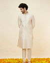 Manyavar Men Soft Cream Jaal Patterned Kurta Set