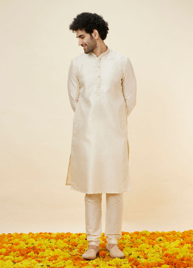 Manyavar Men Soft Cream Jaal Patterned Kurta Set
