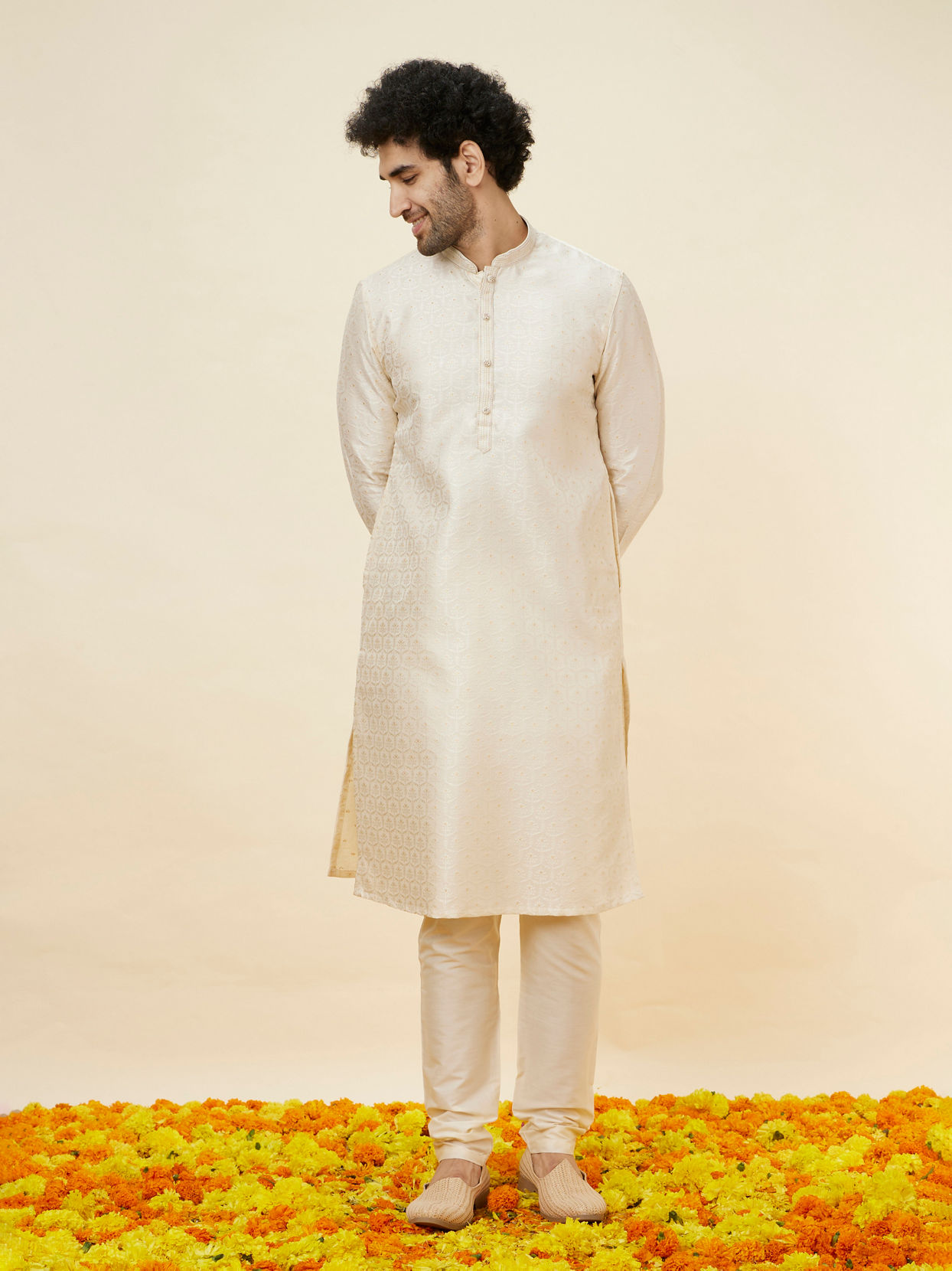 Manyavar Men Soft Cream Jaal Patterned Kurta Set