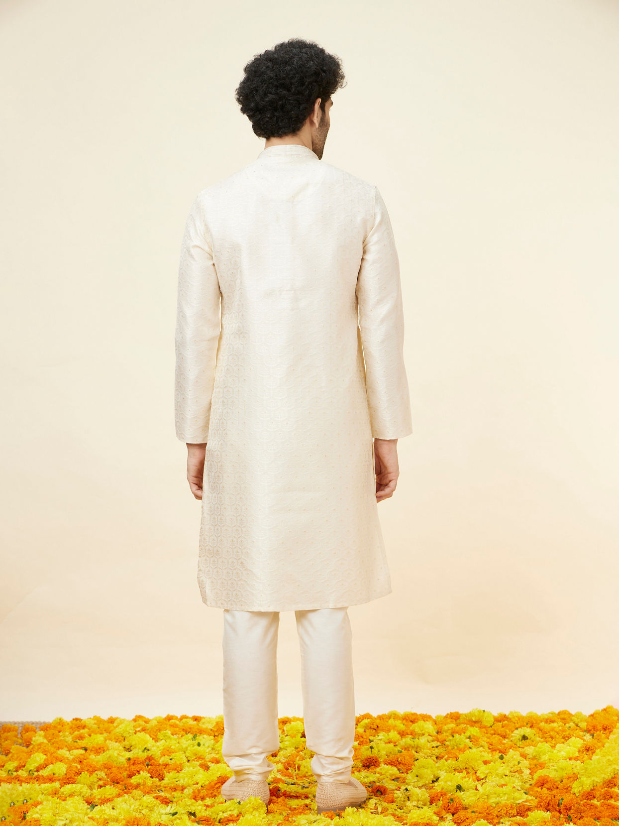 Manyavar Men Soft Cream Jaal Patterned Kurta Set