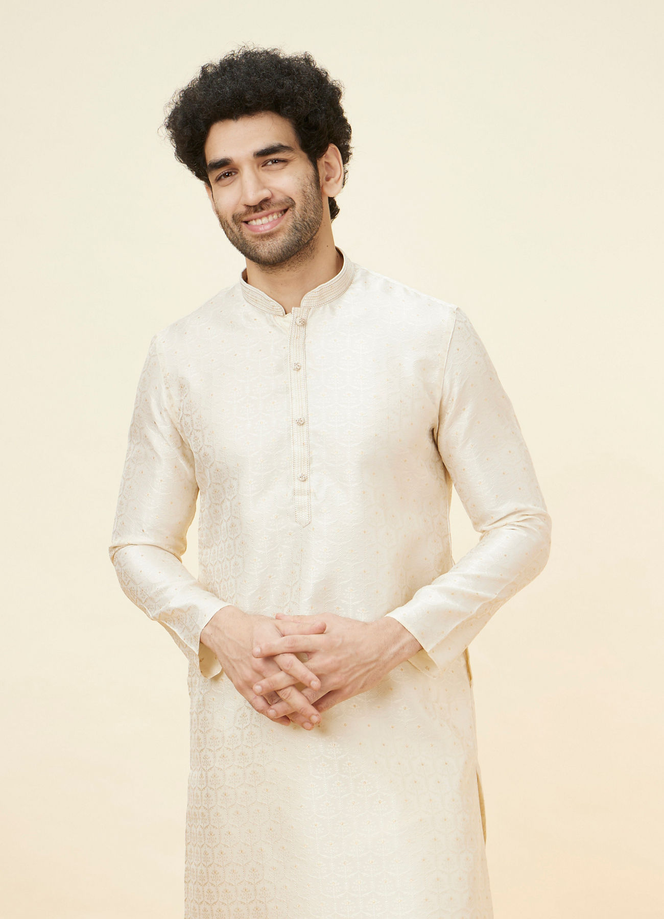Manyavar Men Soft Cream Jaal Patterned Kurta Set