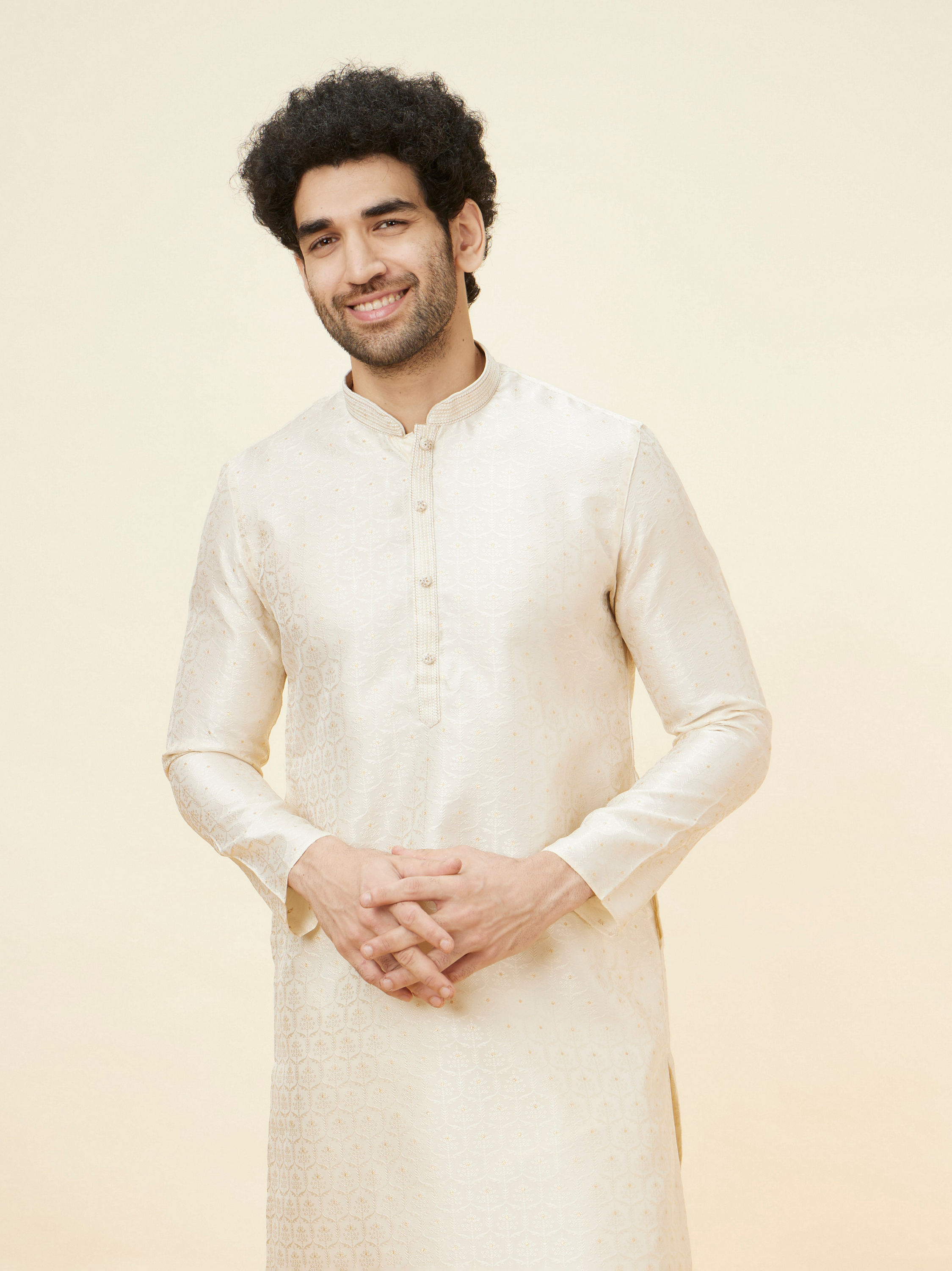 Manyavar Men Soft Cream Jaal Patterned Kurta Set
