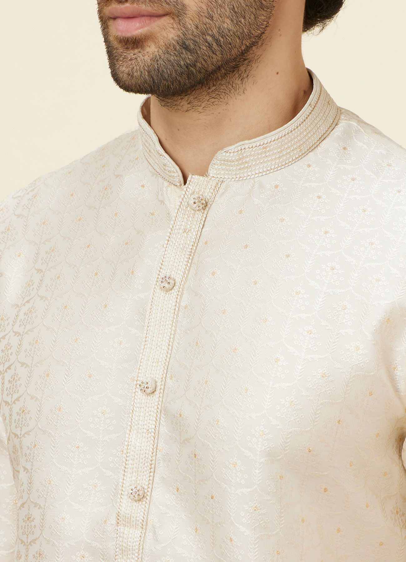 Manyavar Men Soft Cream Jaal Patterned Kurta Set