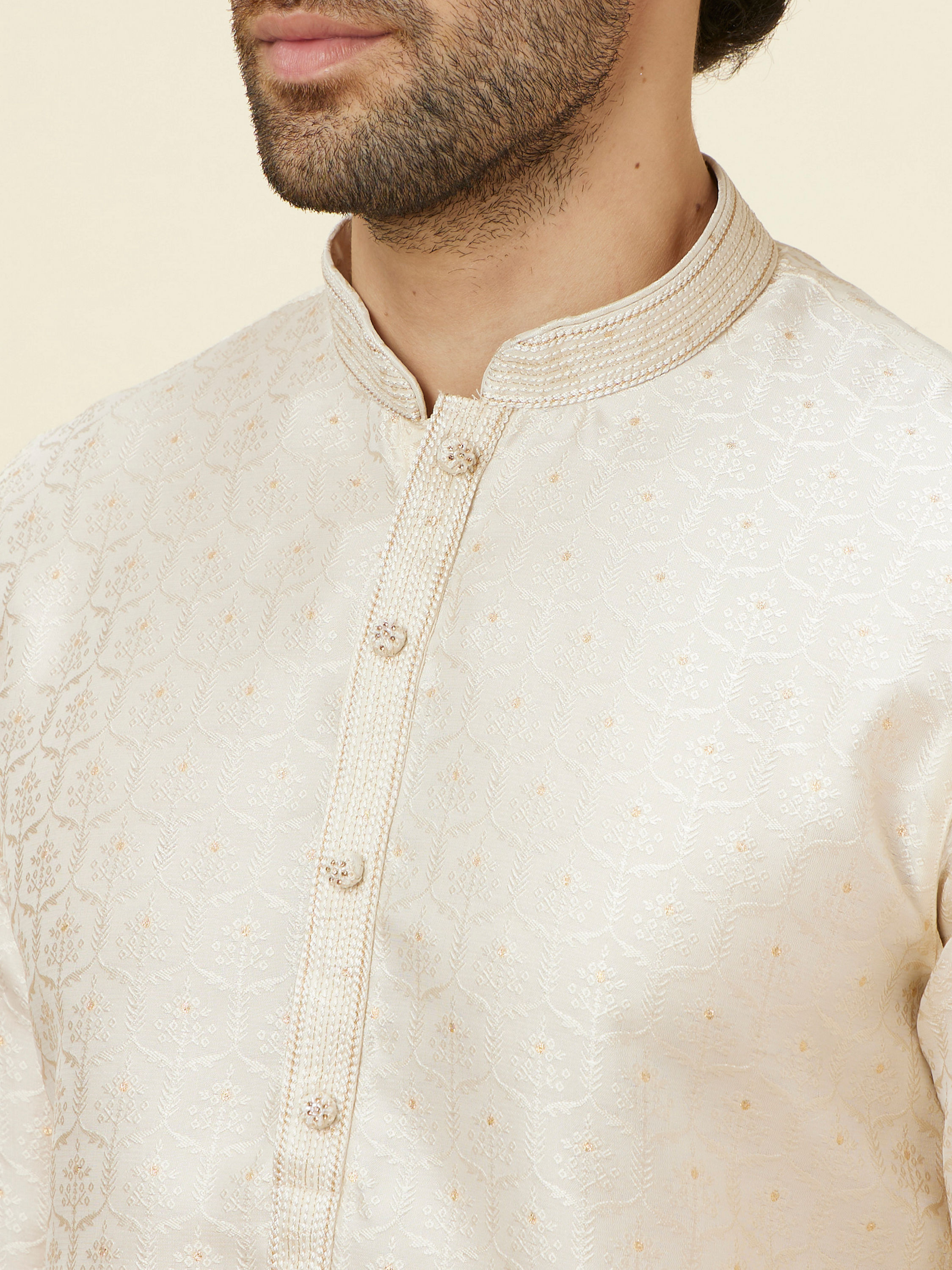 Manyavar Men Soft Cream Jaal Patterned Kurta Set