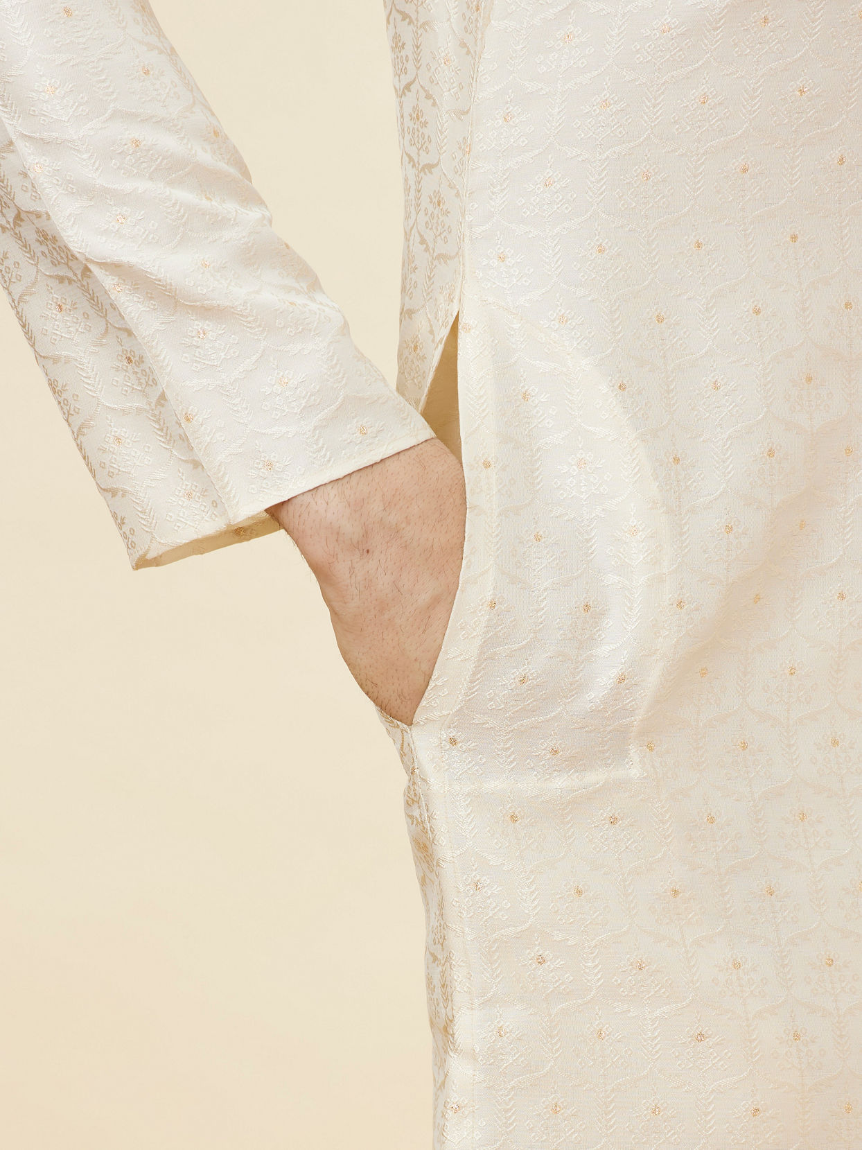 Manyavar Men Soft Cream Jaal Patterned Kurta Set
