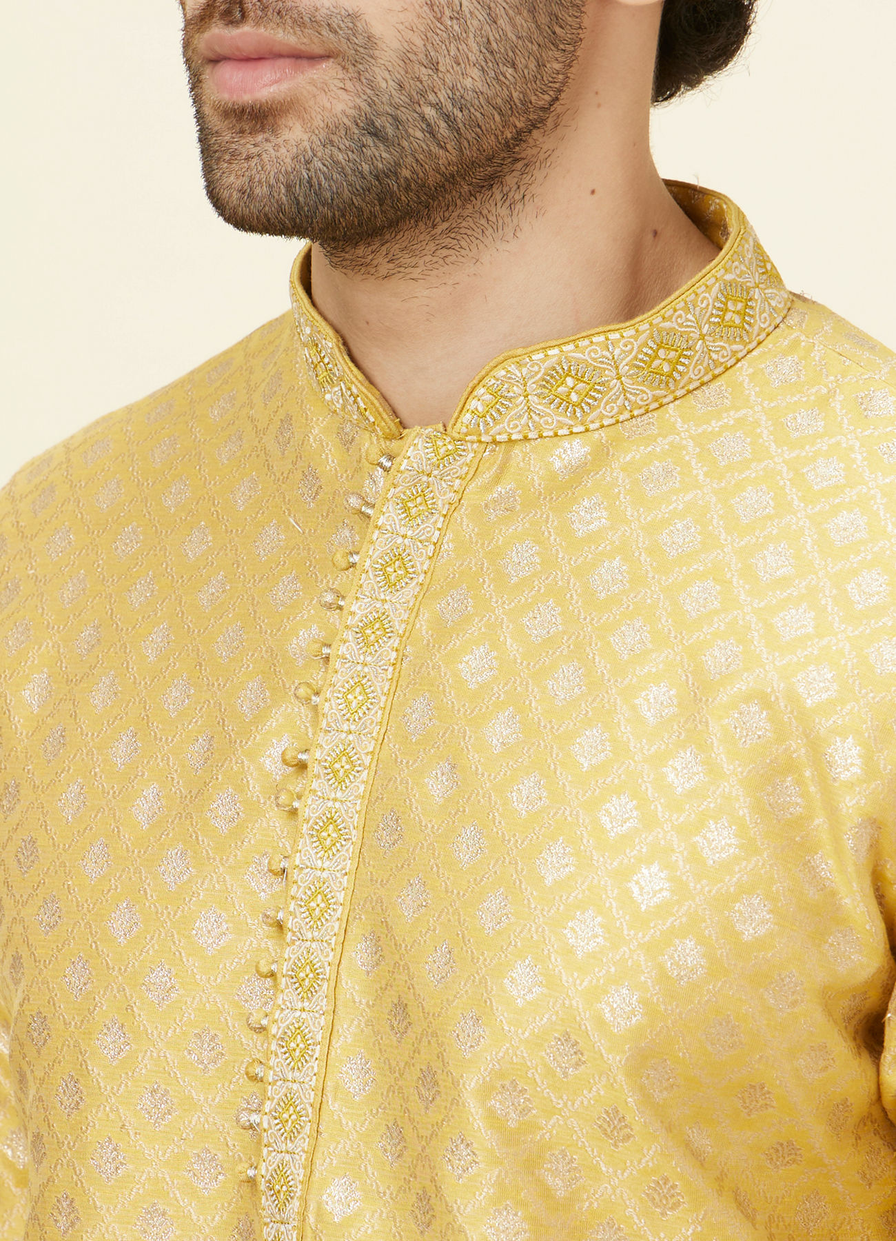 Manyavar Men Canary Yellow Buta Patterned Kurta Set