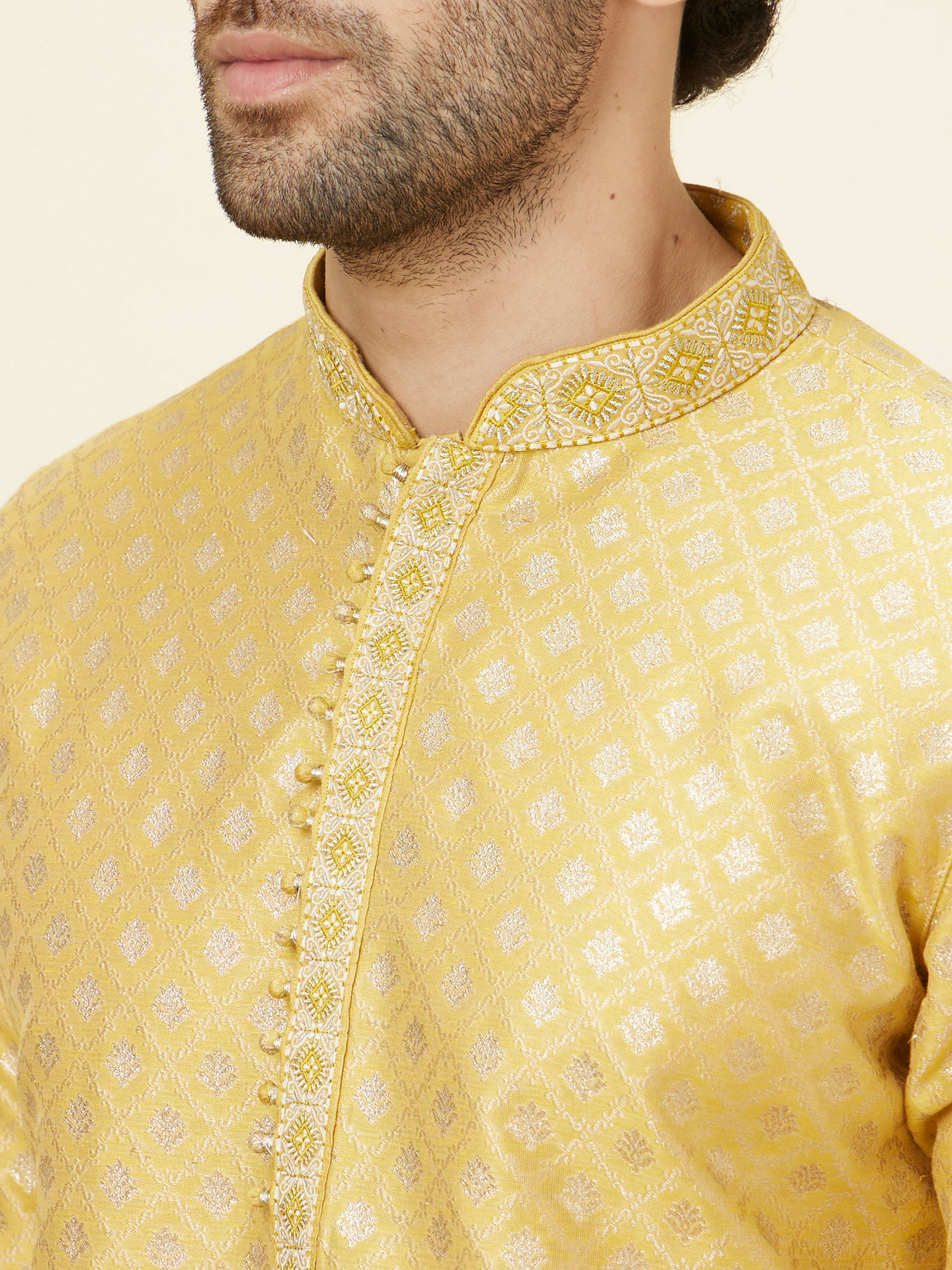 Manyavar Men Canary Yellow Buta Patterned Kurta Set