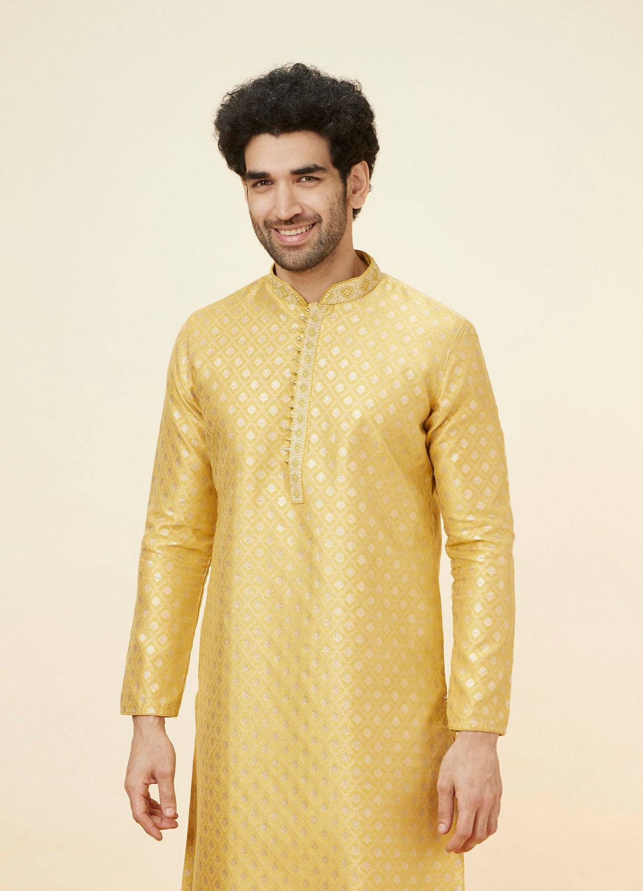 Manyavar Men Canary Yellow Buta Patterned Kurta Set