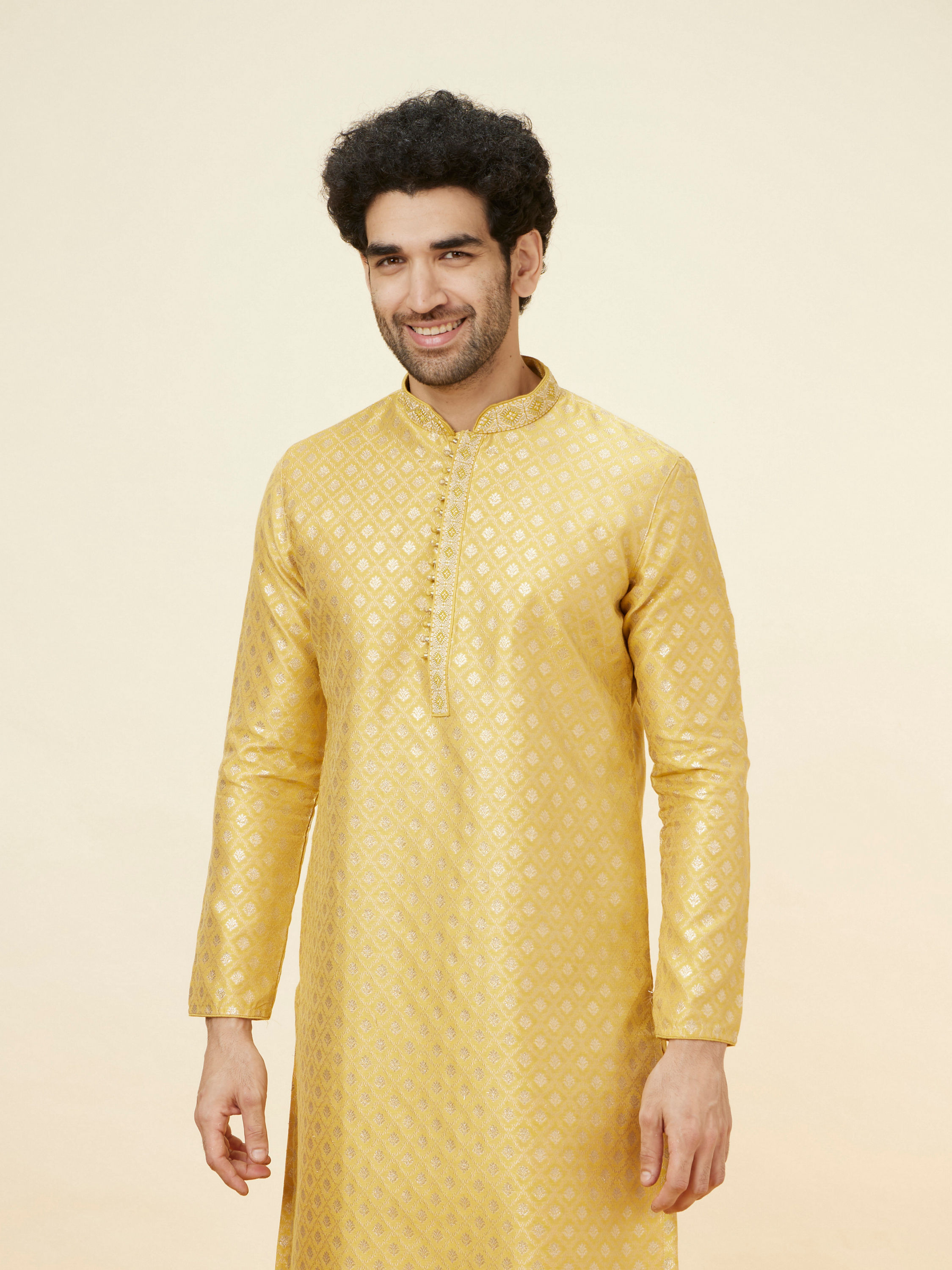 Manyavar Men Canary Yellow Buta Patterned Kurta Set