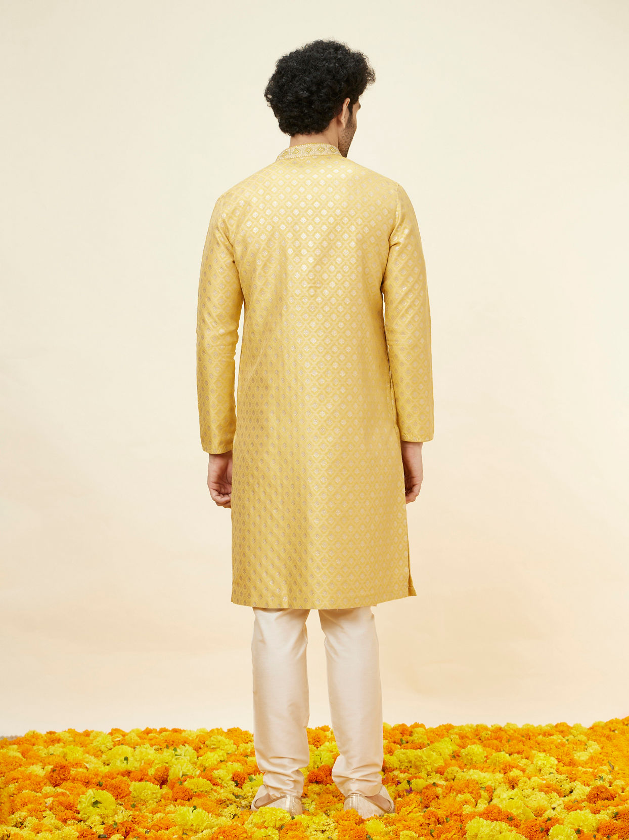 Manyavar Men Canary Yellow Buta Patterned Kurta Set