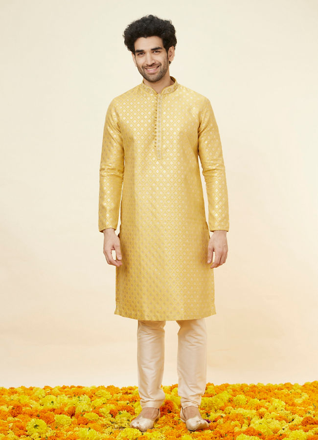 Manyavar Men Canary Yellow Buta Patterned Kurta Set