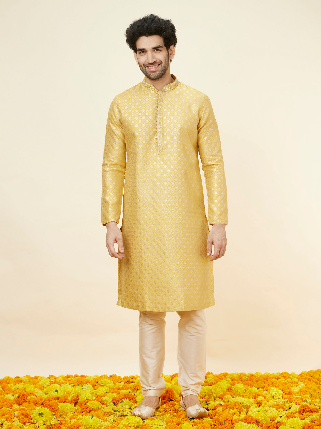 Manyavar Men Canary Yellow Buta Patterned Kurta Set
