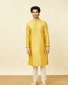 Manyavar Men Amber Yellow Kurta Set with Floral Embroidered Neckline