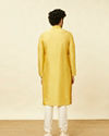 alt message - Manyavar Men Amber Yellow Kurta Set with Floral Embroidered Neckline image number 5