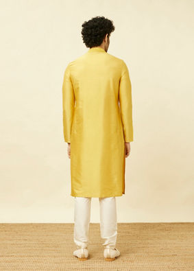 alt message - Manyavar Men Amber Yellow Kurta Set with Floral Embroidered Neckline image number 5