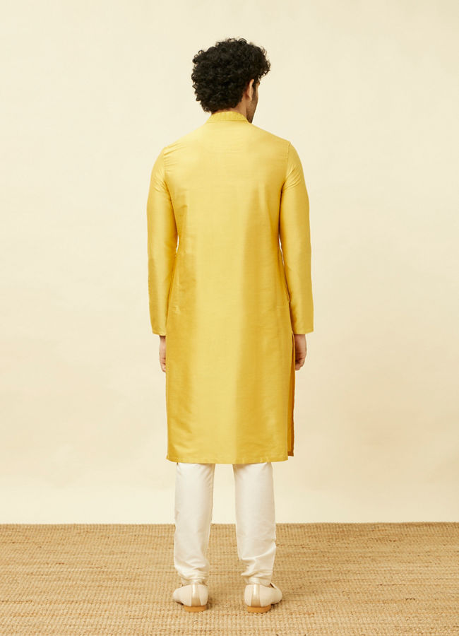Manyavar Men Amber Yellow Kurta Set with Floral Embroidered Neckline