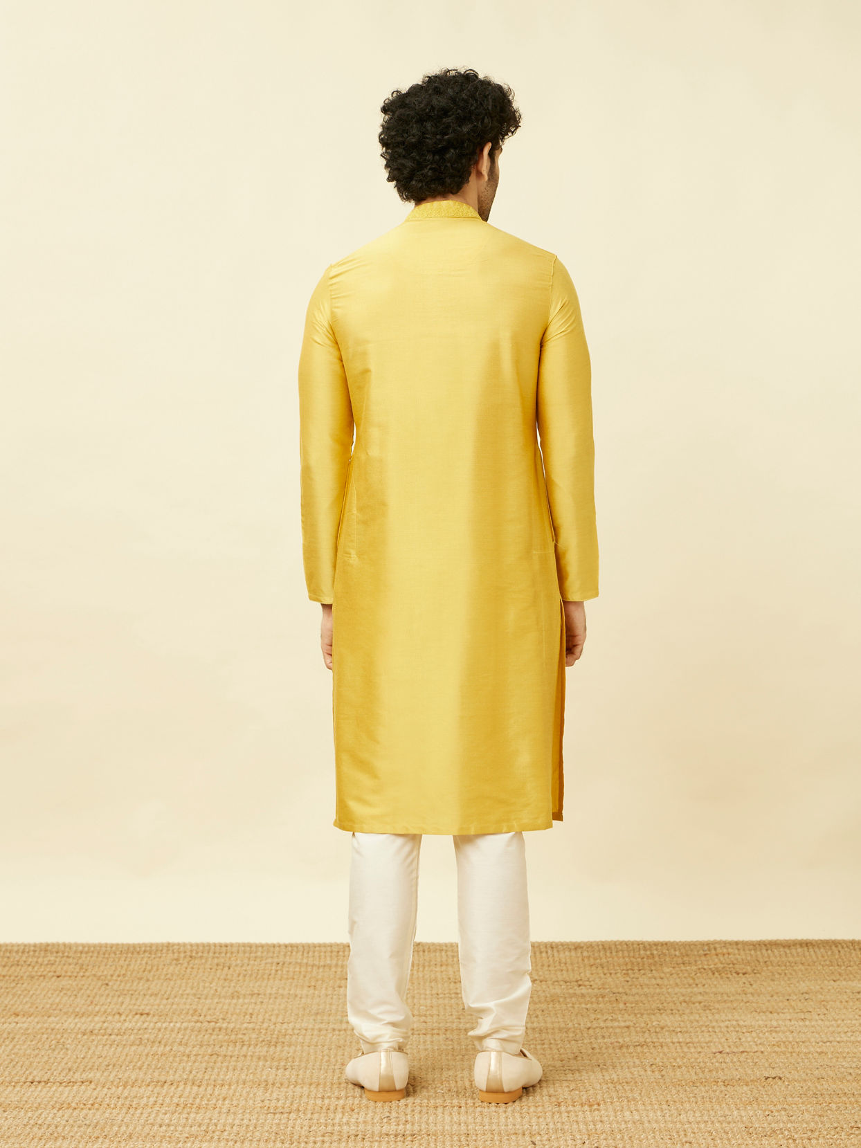 Manyavar Men Amber Yellow Kurta Set with Floral Embroidered Neckline