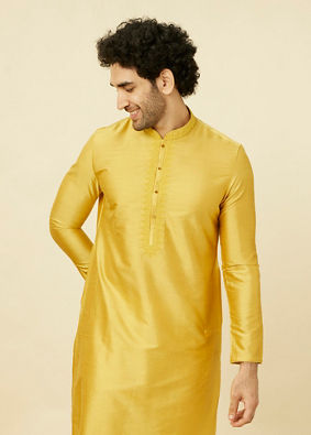 alt message - Manyavar Men Amber Yellow Kurta Set with Floral Embroidered Neckline image number 0