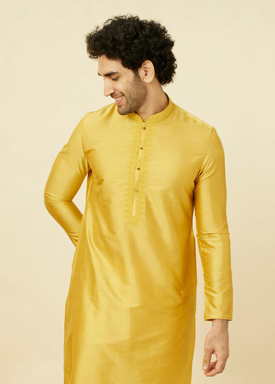 Manyavar Men Amber Yellow Kurta Set with Floral Embroidered Neckline