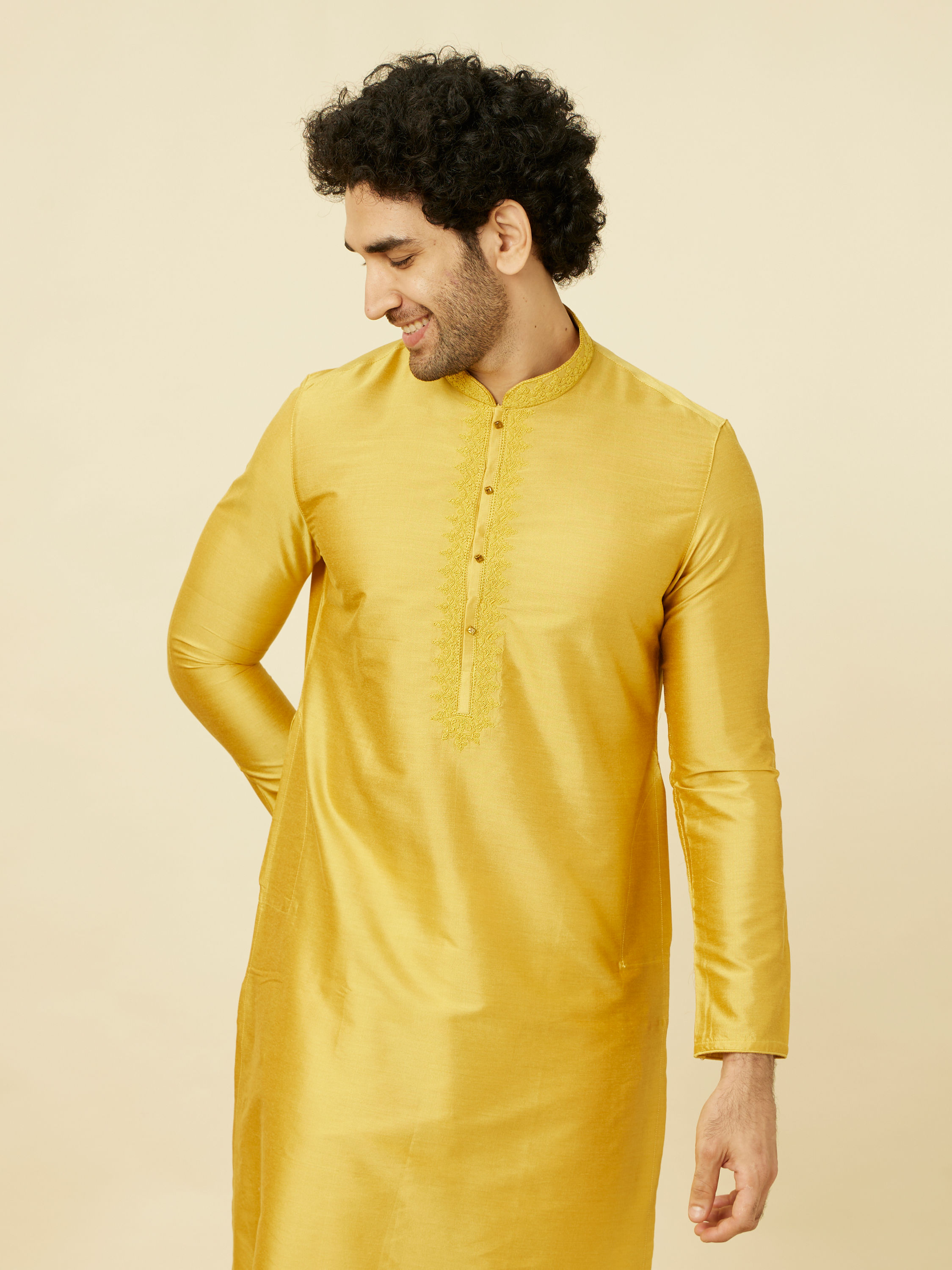 Manyavar Men Amber Yellow Kurta Set with Floral Embroidered Neckline