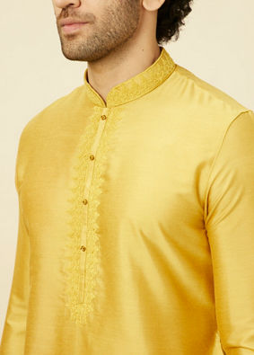 alt message - Manyavar Men Amber Yellow Kurta Set with Floral Embroidered Neckline image number 1