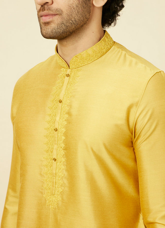 Manyavar Men Amber Yellow Kurta Set with Floral Embroidered Neckline