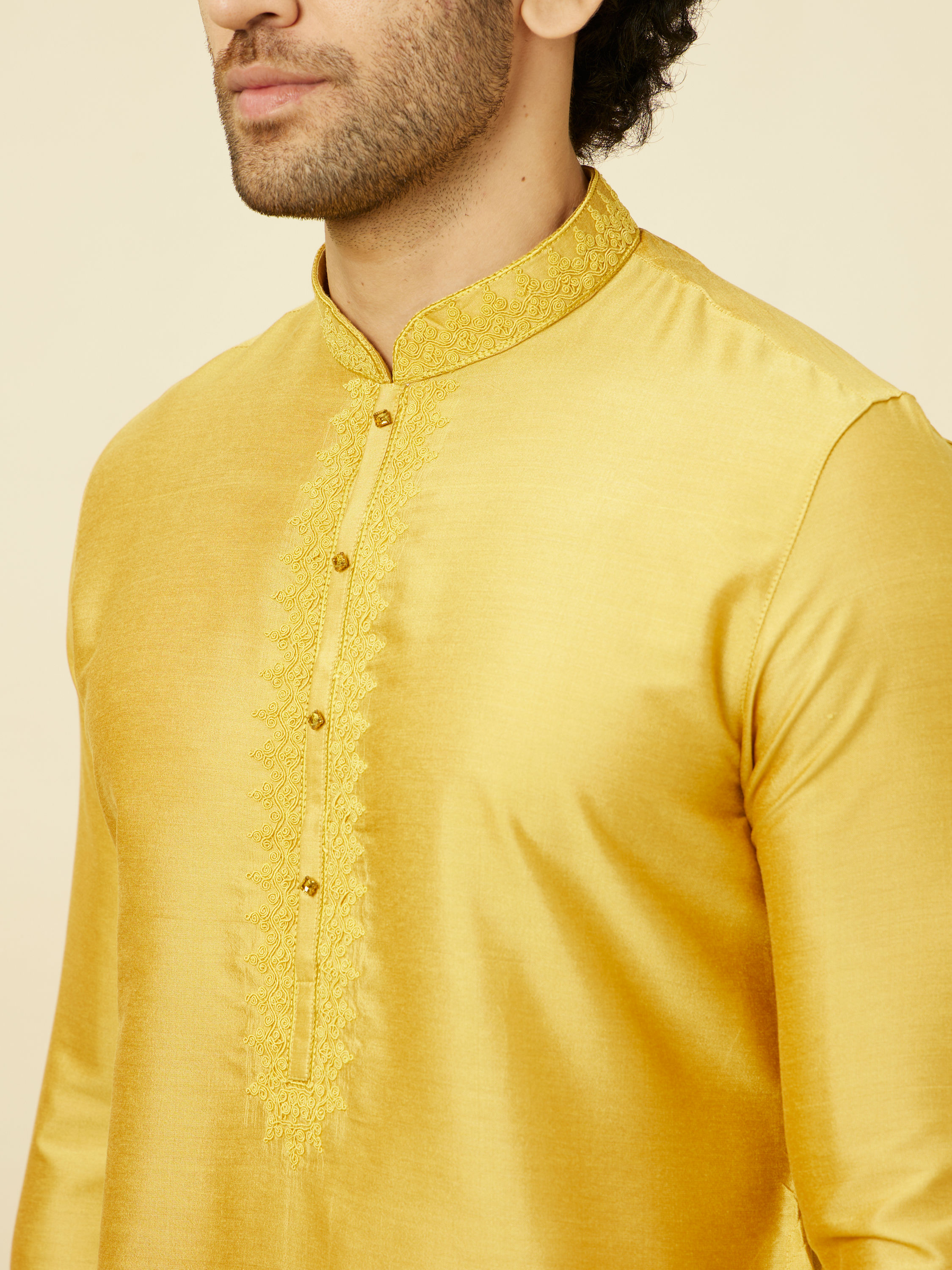 Manyavar Men Amber Yellow Kurta Set with Floral Embroidered Neckline