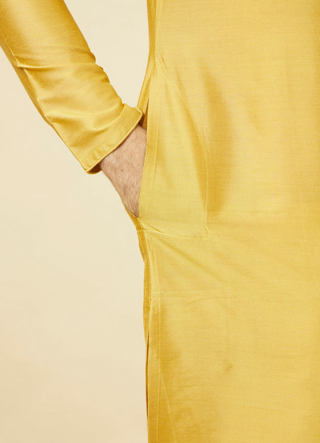 Manyavar Men Amber Yellow Kurta Set with Floral Embroidered Neckline