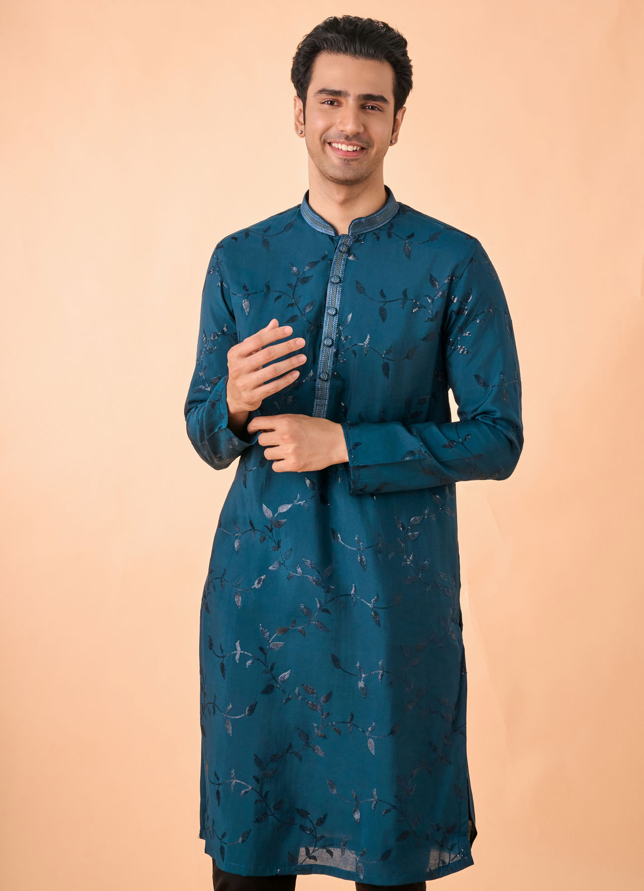 Manyavar Men Teal Blue Elegance Kurta Pajama